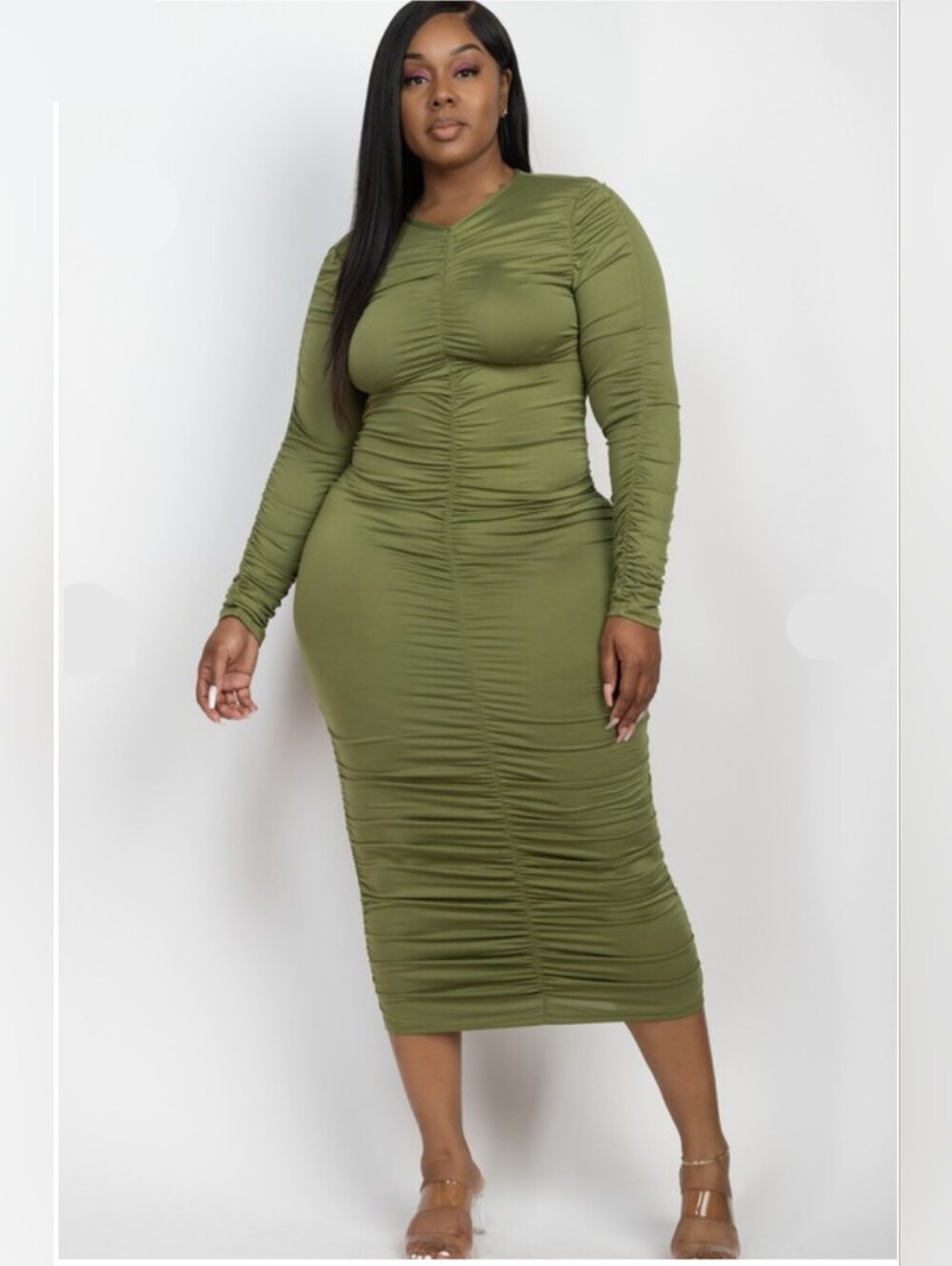 Olive Green Ruched Plus Size Dress